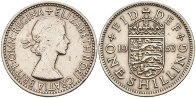 Великобритания 1 шиллинг 1953 Елизавета II (1952-2022), Английский герб KM 890, Spink 4139 медно-никель    4153-336