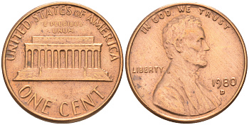 США 1 цент 1980 D, Авраам Линкольн KM 201 медь цинк 188-319