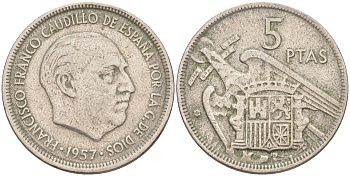 ИСПАНИЯ 5 ПЕСЕТ 1957 (59) ФРАНСИСКО ФРАНКО ДИКТАТОР ИСПАНИИ (1939-1975) KM 786 медно-никель 176-941