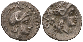 Киликия, город Холмы обол IV в. до н.э. голова Афины в аттическом шлеме / голова Аполлона, 0,57 гр SNG Levante 33 серебро 1073-15-21