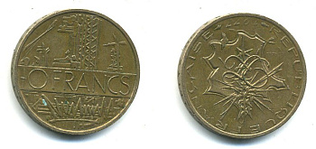 Франция 10 франков 1977 тип Матье KM 940, Le Franc 365.9-10 никель латунь 37-845