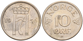 Норвегия 10 эре 1956 Хокон VII (1905-1957) KM 396 медно-никель UNC 4580-956