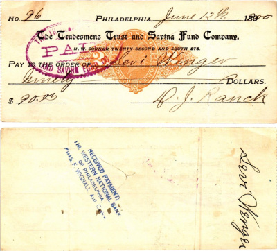 США чек на 90 долларов 1900 Филадельфия бумага 3295-60-3-1
