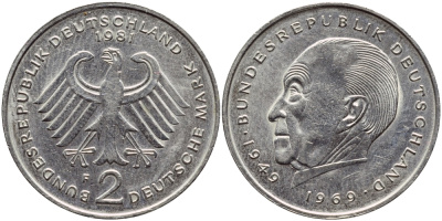 ФРГ 2 марки 1981 F, Конрад Аденауэр KM 124, J. 406 медно-никель плакированный никелем 177-724