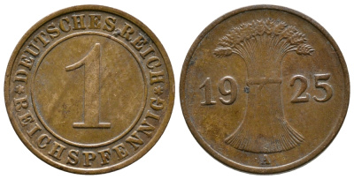 ГЕРМАНИЯ 1 РЕЙХСПФЕННИГ 1925 A KM 37, J. 313 бронза 4380-1116