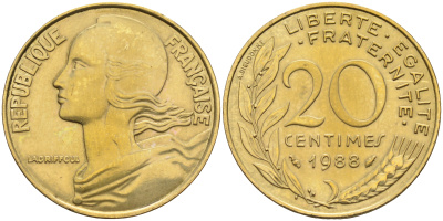 Франция 20 сантимов 1988 тип Marianne KM 930 медь алюминий никель    4177-131