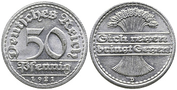ГЕРМАНИЯ 50 ПФЕННИГОВ 1921 D KM 27, J. 301 алюминий 24-1025