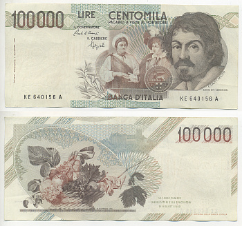 Италия 100000 лир 1983 Караваджо, фруктовый букет, подпись Speziali Pick 110b бумага 7220-21-3