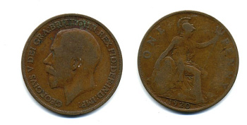 Великобритания 1 пенни 1920 Георг V (1910-1936) КМ 810, Spink 4051 бронза 47-326