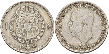 Швеция 1 крона 1946 TS, Густав V (1907-1950) KM 814 серебро 4148-1031