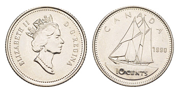 Канада 10 центов 1990 Елизавета II (1952-2022), парусник KM 183 никель UNC 4639-653
