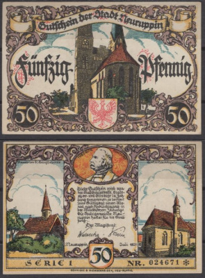 Нойруппин 50 пфеннигов 1921 DeNG 2 959.1a-3/4 бумага UNC (пресс) 8612-50-1-2
