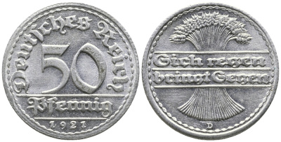 ГЕРМАНИЯ 50 ПФЕННИГОВ 1921 D KM 27, J. 301 алюминий 24-1025