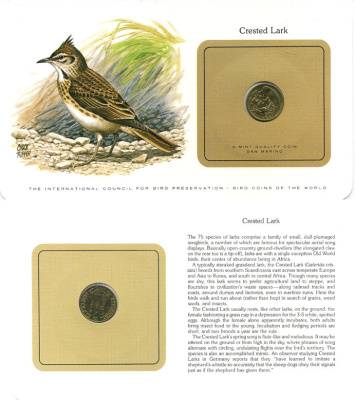 Сан-Марино 20 лир 1975 серия монеты мира с изображение птиц, в оригинальном буклете с описанием KM 44 алюминиевая бронза UNC 00-00