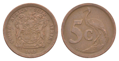 ЮАР 5 центов 1993 герб, райский журавль KM 134 сталь плакированная медью 4621-553