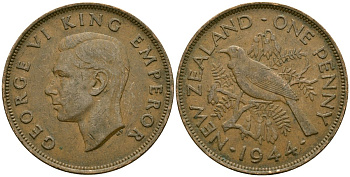 Новая Зеландия 1 пенни 1944 птица туи, король Георг VI (1937 - 1952) KM 13 бронза 4165-1234