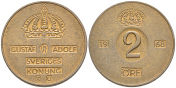 Швеция 2 эре 1968 Густав VI Адольф (1950-1973) KM 821 бронза 77-521
