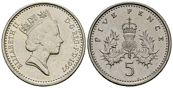 Великобритания 5 пенсов 1997 Елизавета II (1952-2022) KM 937b, Spink 4372 (D4) медно-никель 4173-759