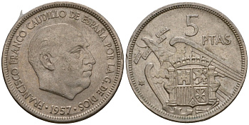 Испания 5 песет 1957 (69) Франсиско Франко (1939-1975) KM 786 медно-никель 186-656
