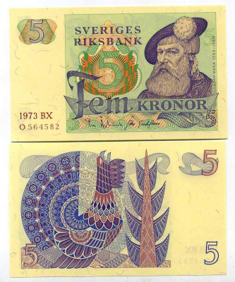 Швеция 5 крон 1973 BX, Густав I Ваза Pick 51 c бумага UNC (пресс) 445-80-1