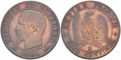 ФРАНЦИЯ 5 САНТИМОВ 1856 D, НАПОЛЕОН III (1852-1870) KM 777.4, LE FRANC 116.33 бронза 108-434