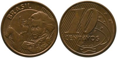 Бразилия 10 сентаво 2009 KM 649, Schon 157 сталь плакированная бронзой 4523-915