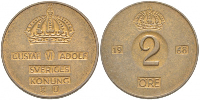 Швеция 2 эре 1968 Густав VI Адольф (1950-1973) KM 821 бронза 77-521