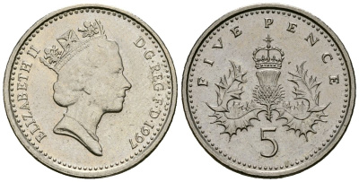Великобритания 5 пенсов 1997 Елизавета II (1952-2022) KM 937b, Spink 4372 (D4) медно-никель 4173-759