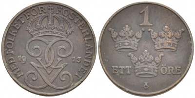 Швеция 1 эре 1913 Густав V (1907-1950), LONG TAILED 9 KM 777.2 бронза 3309-767