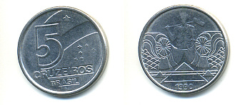 Бразилия 5 крузейро 1990 фермер KM 618.1 нержавеющая сталь aUNC 93-643