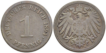 ГЕРМАНИЯ 1 ПФЕННИГ 1894 D KM 10, Jager. 10, Weege 2 медь 4528-1131