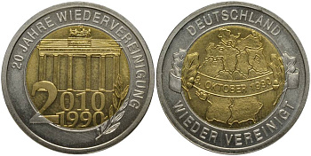 ГЕРМАНИЯ МЕДАЛЬ 2010 СЕРИЯ 20 ЛЕТ ВОССОЕДИНЕНИЯ, 3 ОКТЯБРЯ 1990, БРАНДЕНБУРГСКИЕ ВОРОТА биметалл UNC 69-915