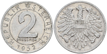 Австрия 2 гроша 1952 KM 2876 алюминий 4152-511