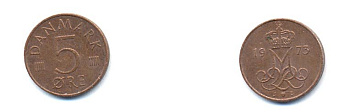 Дания 5 эре 1973 S; B, Маргрете II (1972- ) KM 859.1 железо плакированное медью 4379-744