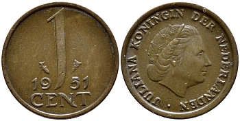 Нидерланды 1 цент 1951 Юлиана (1948-1980) КМ 180 бронза 4392-1353