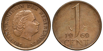 НИДЕРЛАНДЫ 1 ЦЕНТ 1969 ЮЛИАНА KM 180 бронза 72-1118