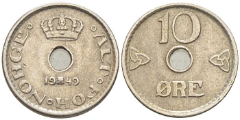НОРВЕГИЯ 10 ЭРЕ 1949 ХОКОН VII (1905-1957) KM 383 медно-никель 116-1114