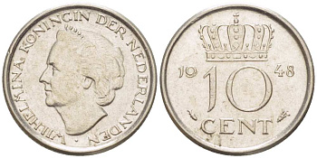 Нидерланды 10 центов 1948 Вильгельмина (1895-1948) KM 177 никель 3309-349