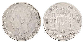 Испания 1 песета 1902 KM 706 серебро 117-526