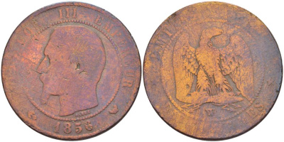 ФРАНЦИЯ 10 САНТИМОВ 1856 W, НАПОЛЕОН III (1852-1870) KM 771.7, LA FRANC 133.38 бронза 4183-1214