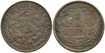 Нидерланды 1 цент 1941 Вильгельмина (1890-1948) KM 152 бронза 4576-1151
