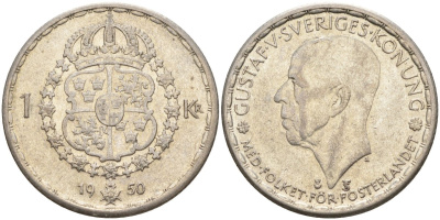 Швеция 1 крона 1950 TS, Густав VI Адольф (1950-1973) KM 814 серебро 4148-1126