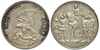 Пруссия 2 марки 1913 A, Вильгельм II (1888-1918), 100 лет победы над Наполеоном J.109, Weege 109, KM 532 серебро 1519-633