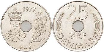 ДАНИЯ 25 ЭРЕ 1977 S; B, МАРГРЕТЕ II (1972-) KM 861.1 медно-никель 98-723