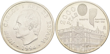 Испания 2000 песет 1994 Ассамблея Всемирного банка и МВФ в Мадриде, в банковской запайке KM 937 серебро UNC 1518-1413