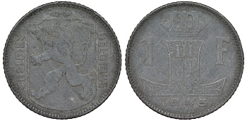 Бельгия 1 франк 1945 Леопольд III, Belgie-Belgique KM 128 цинк 4163-242