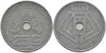 БЕЛЬГИЯ 25 САНТИМОВ 1944 BELGIE-BELGIQUE, ГЕРМАНСКАЯ ОККУПАЦИЯ, ВТОРАЯ МИРОВАЯ ВОЙНА, ЛЕОПОЛЬД III (1934-1950) KM 132 цинк 119-351