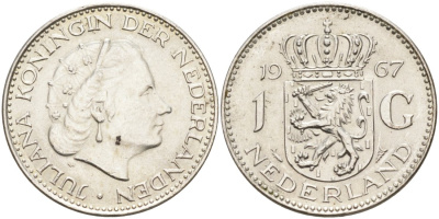 Нидерланды 1 гульден 1967 Юлиана (1948-1980) KM 184 серебро 210-527