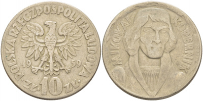 ПОЛЬША 10 ЗЛОТЫХ 1959 НИКОЛАЙ КОПЕРНИК KM 51 медно-никель 4403-533
