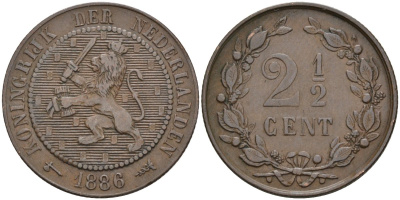 Нидерланды 2 1/2 цента 1886 Виллем III (1849-1890) KM 109 бронза 4575-922